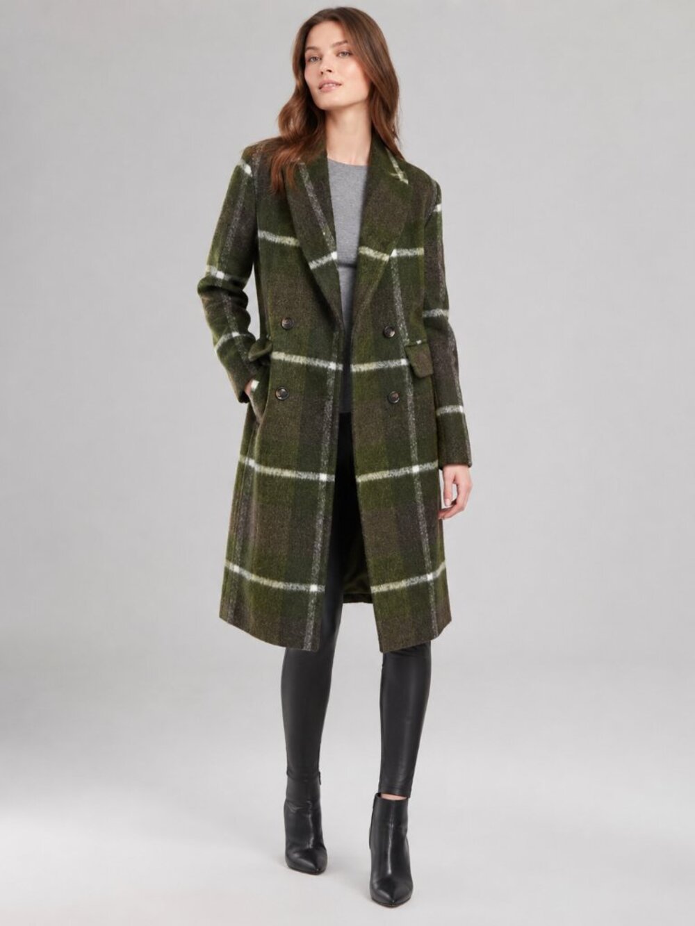 BCBGMAXAZRIA Plaid Wool Blend Coat Small Olive Green Chain Accent NWT